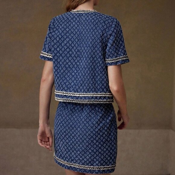 Blue Casual Women's Denim Jacquard Crop Jacket & Skirt set - Picture 3 of 6